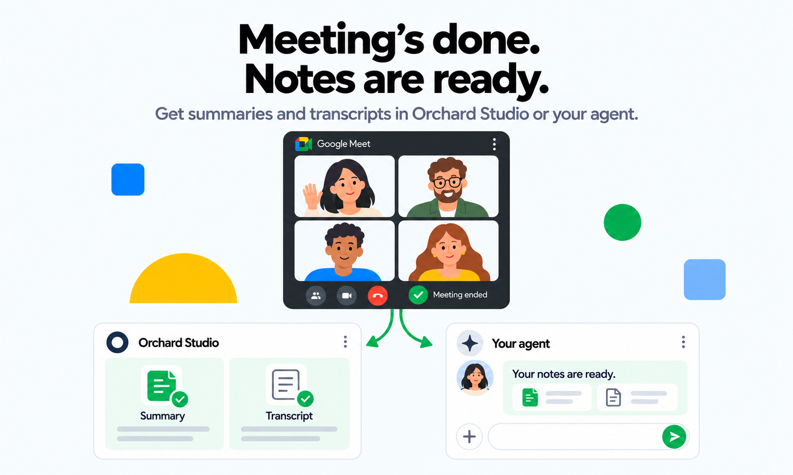 Meeting’s done. Notes are ready. Get summaries and transcripts in Orchard Studio or your agent. Illustration of saved summaries and transcripts available after a meeting.